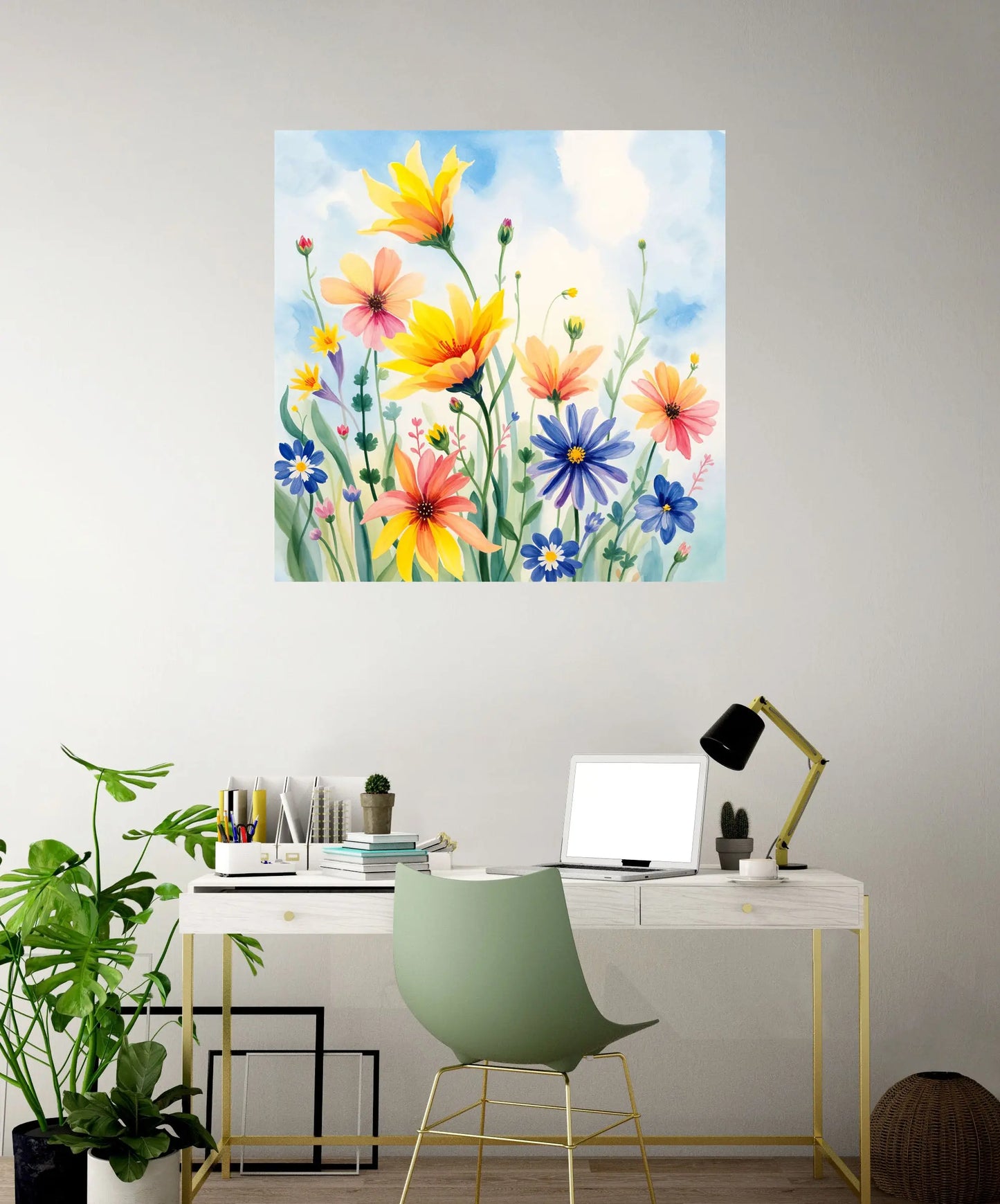 Colorful floral painting on a wall above a desk with office supplies.