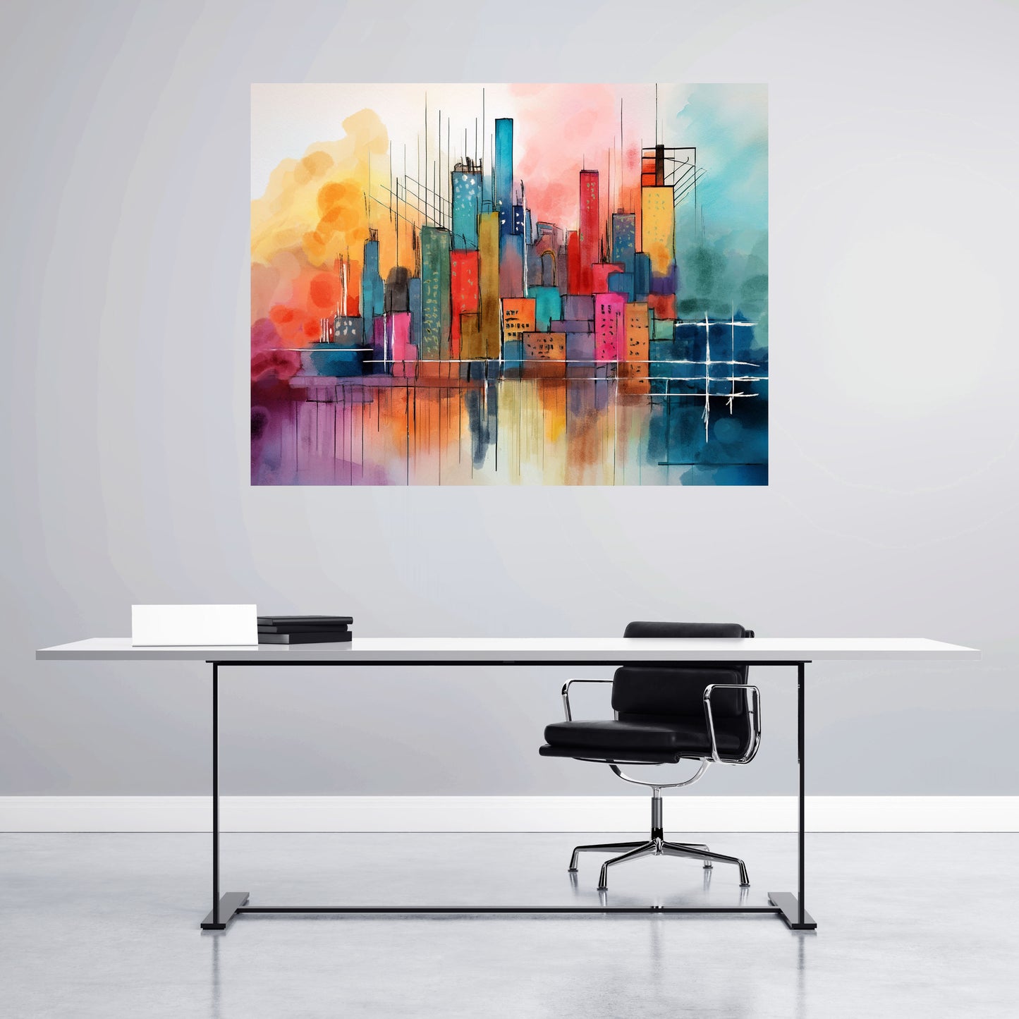 Colorful abstract cityscape painting on a wall above a desk with a chair.