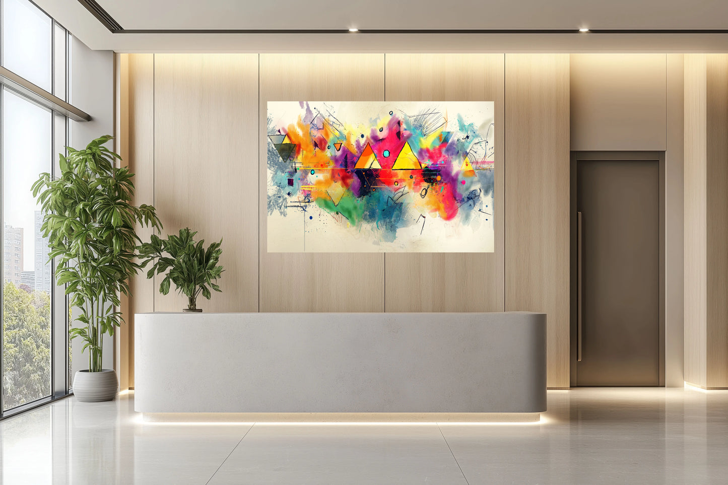 Modern interior with a colorful abstract painting on a wall above a reception desk.