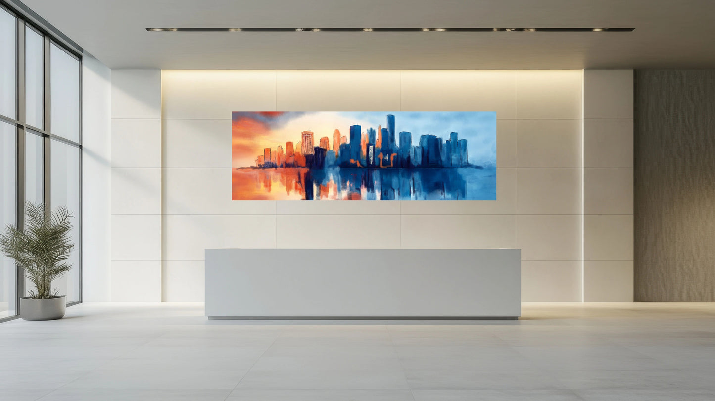 Dawn Reflection geometric city reflection watercolour art print in a bright modern lobby interior, by Phillip J Gordon.