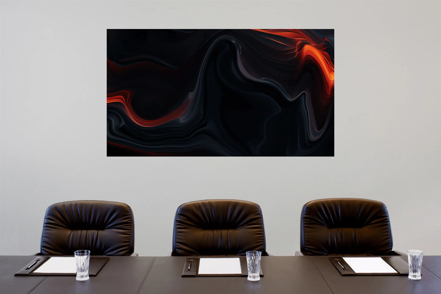 Boardroom with three chairs and a large abstract painting on the wall.