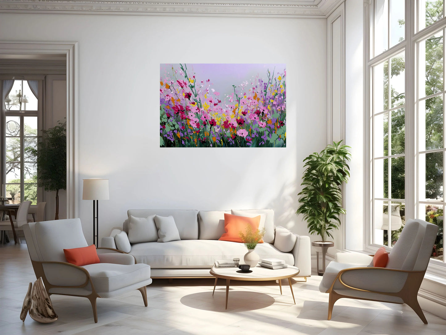 Modern living room with a floral painting on the wall.
