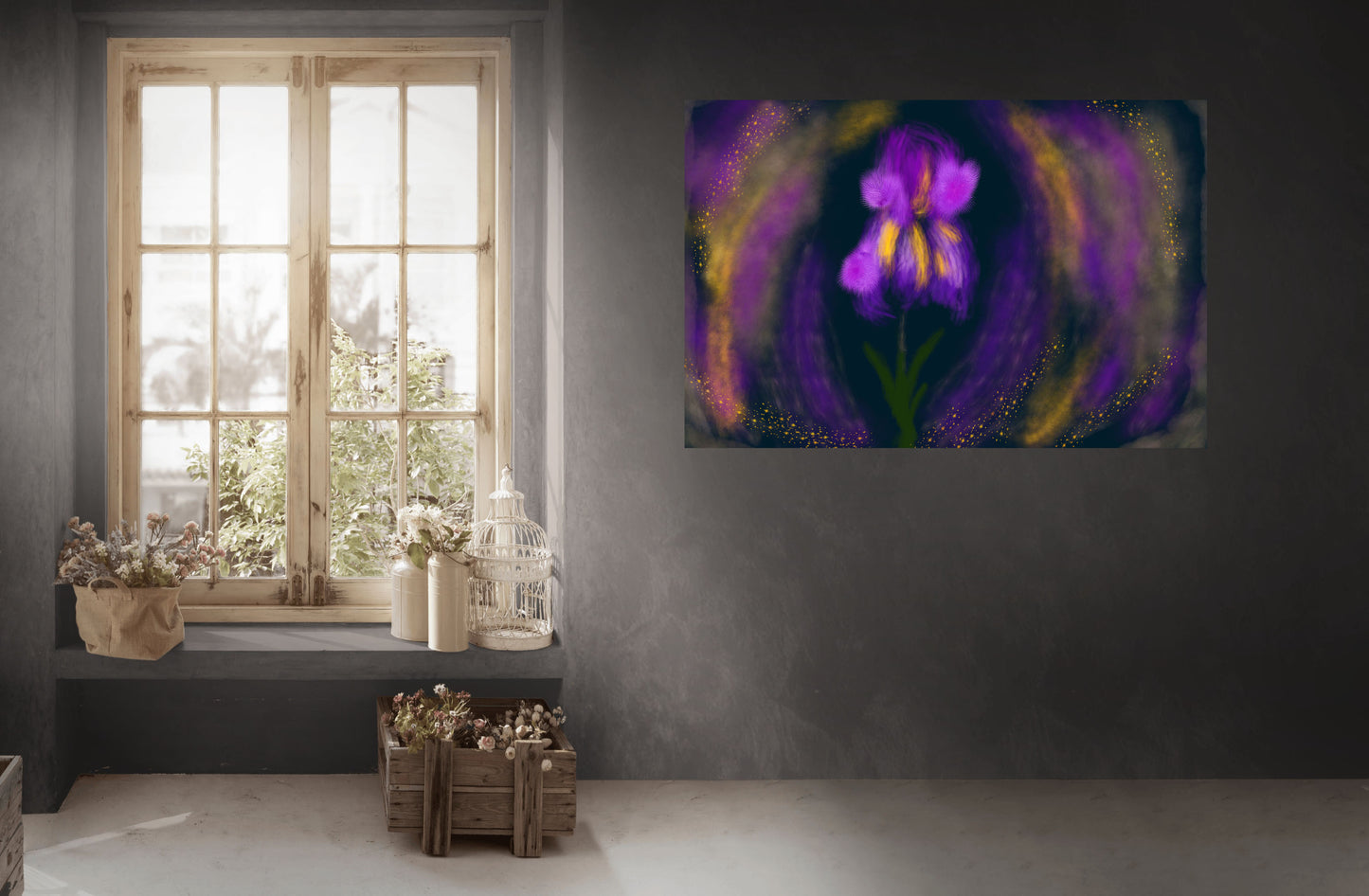 Room interior with a window and a wall with a colorful abstract painting of a flower.
