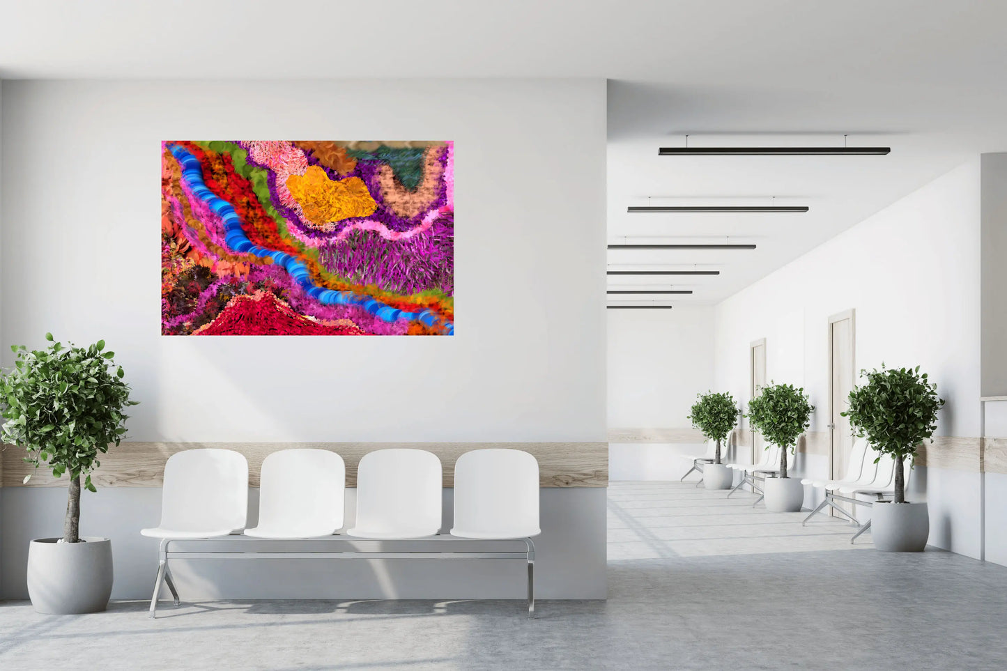 Modern interior with a colorful abstract painting on the wall, white chairs, and potted plants.