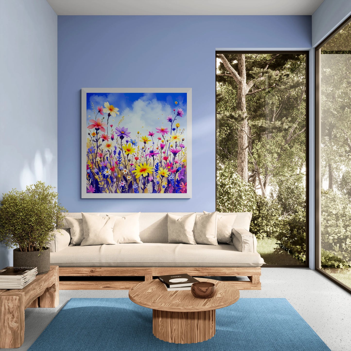 Vibrant wildflower watercolour art print in a bright living room. Instant digital download by Phillip J Gordon Digital Art Prints.