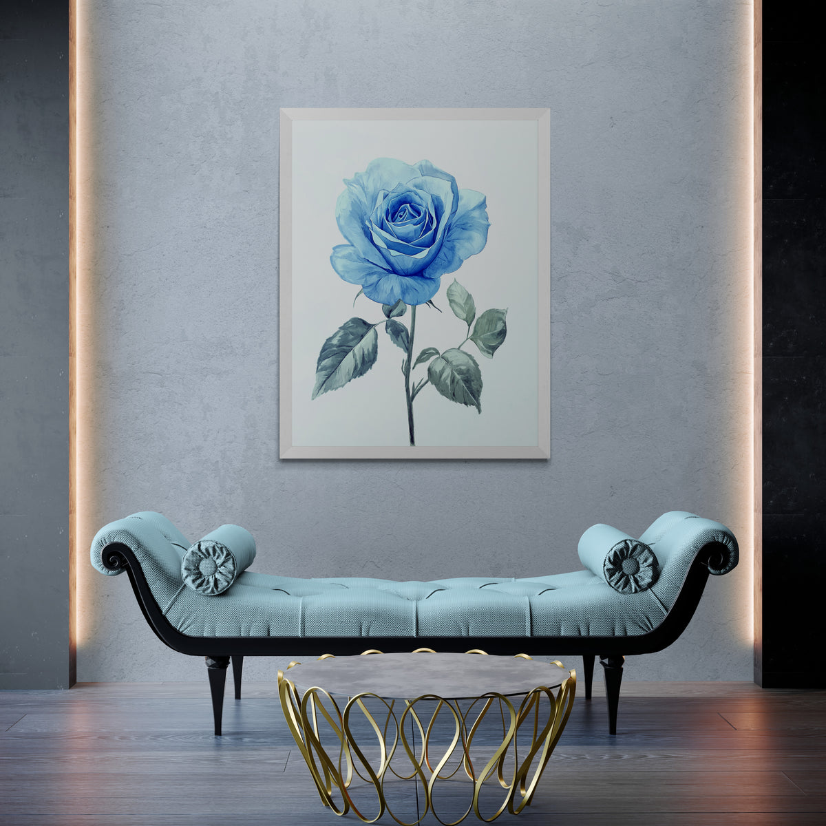 Light blue bench with decorative pillows in a room with a framed artwork of a blue rose on the wall.