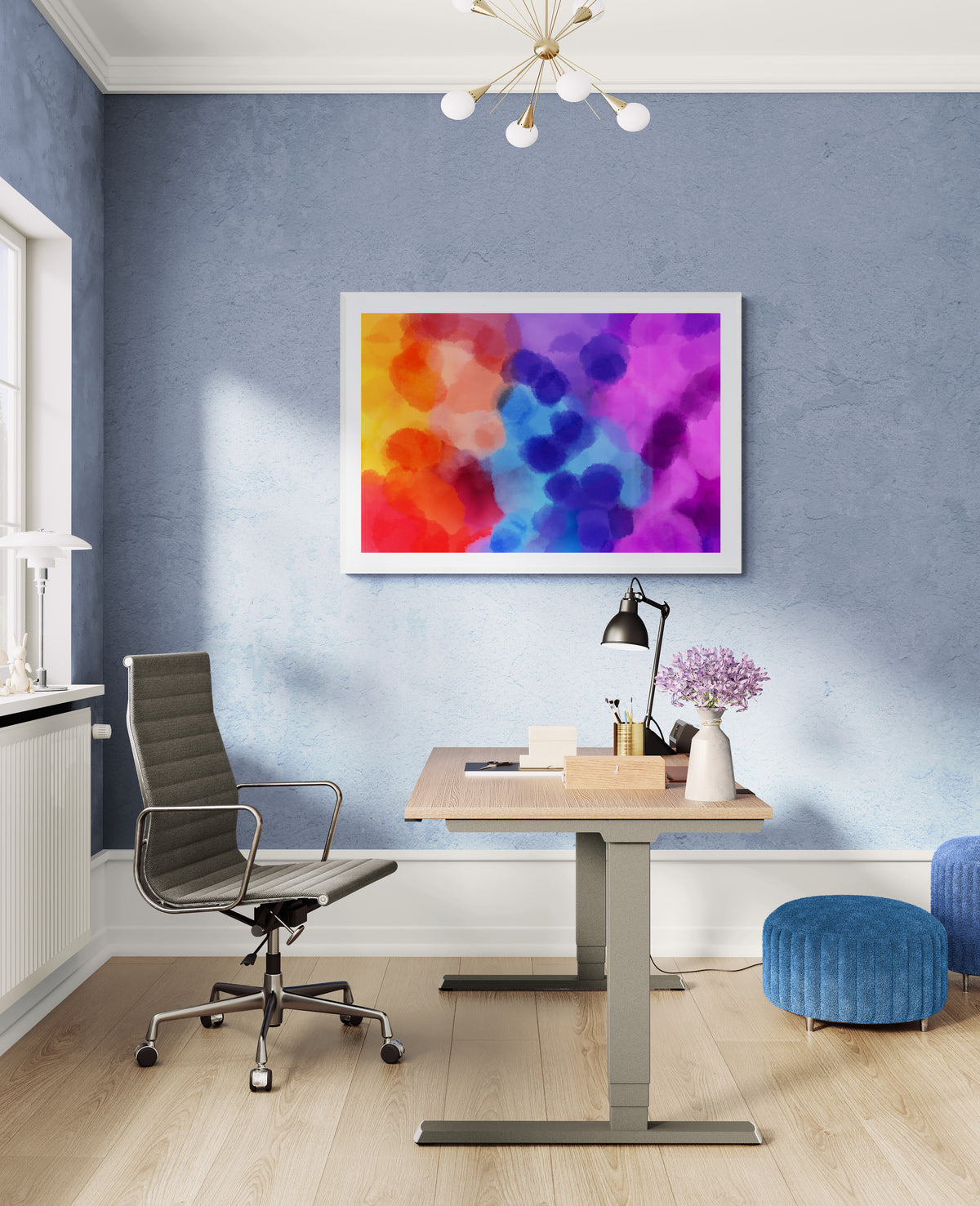 Ink Storm Protocol digital art print in a moody home office with shadow silhouette — bold abstract wall art by Phillip J Gordon