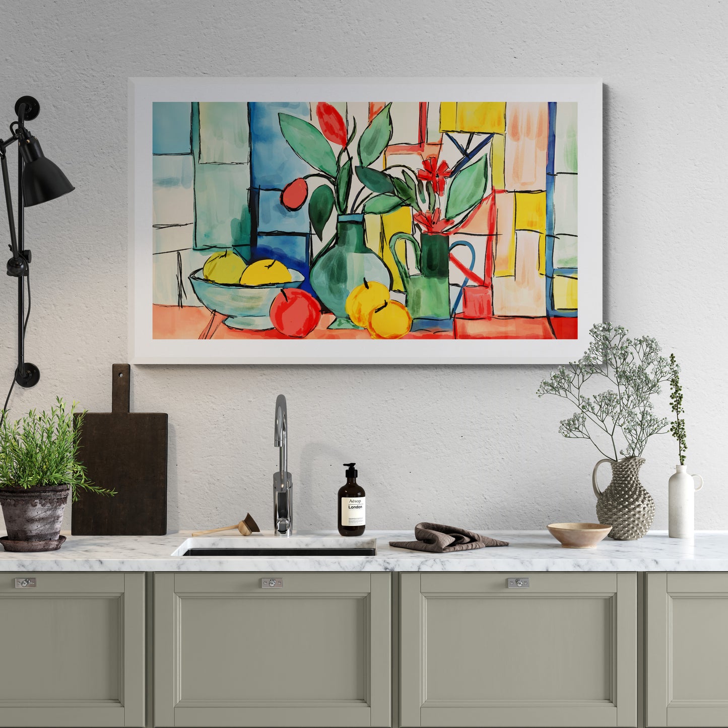 Colorful abstract painting above a kitchen sink with modern decor elements.