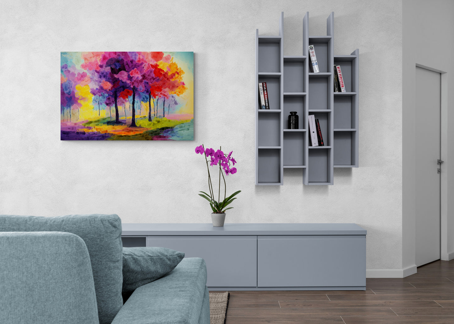 Living room with a colorful abstract painting, gray shelves, and a gray sofa.