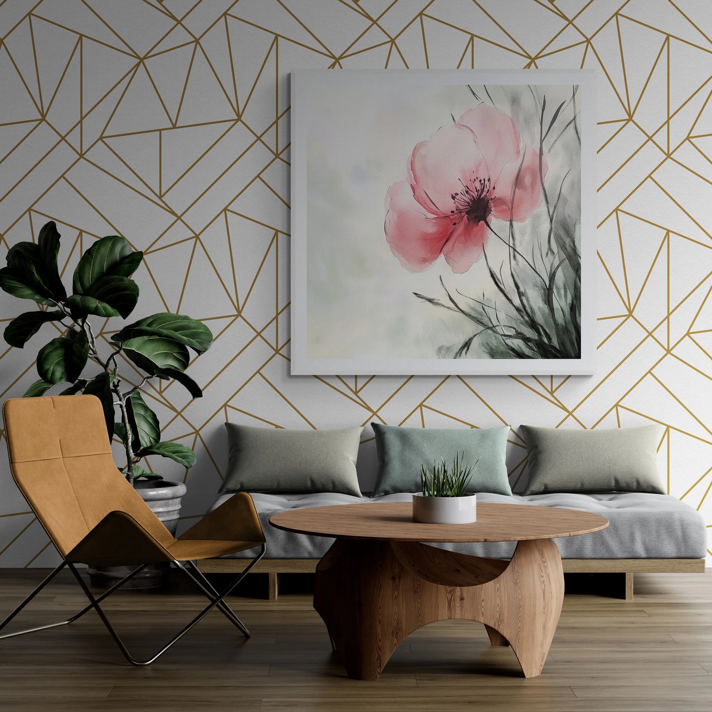 Modern living room with geometric wall design, floral artwork, and a wooden chair.