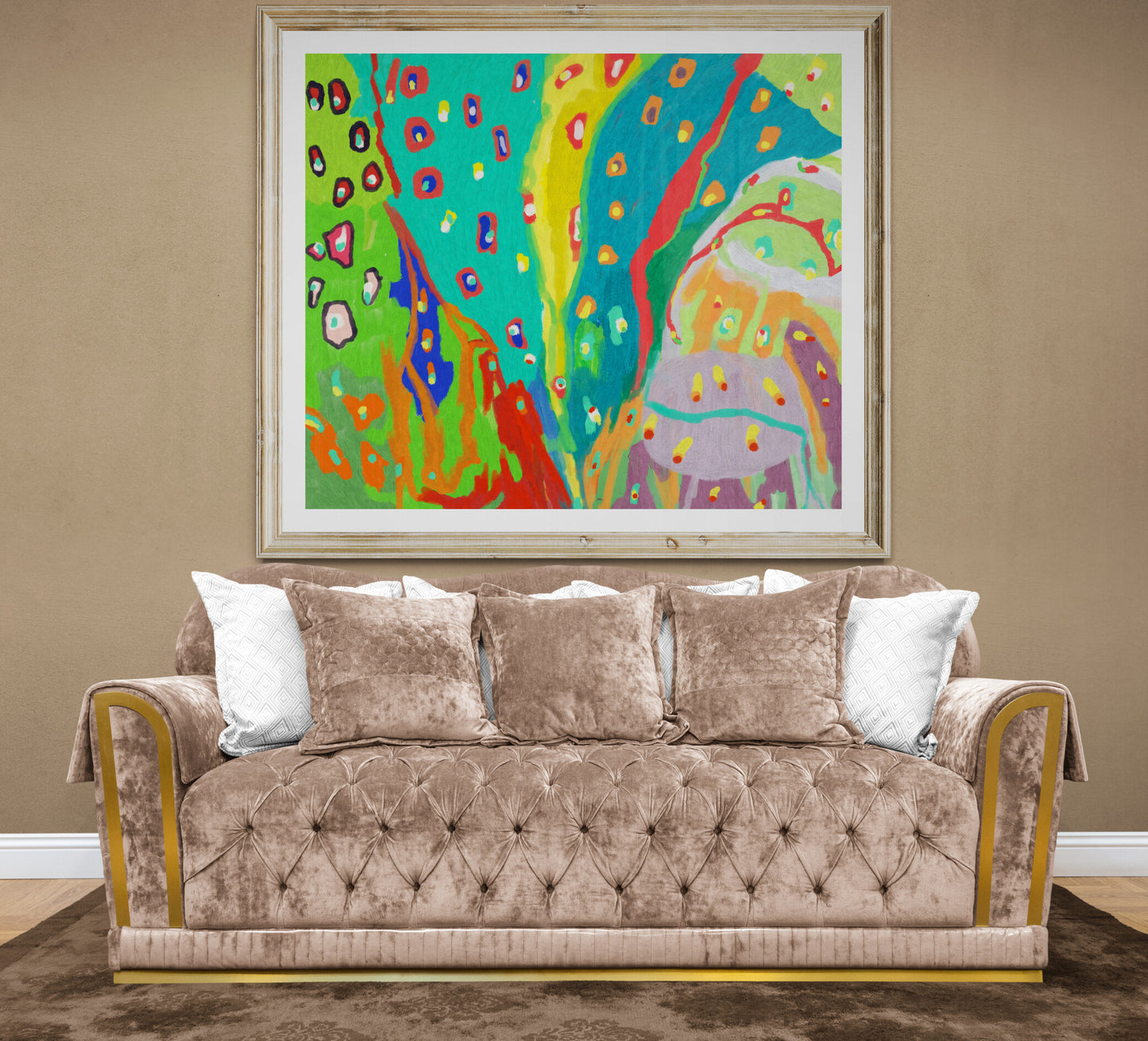 "Joyful Motion vibrant abstract art print displayed above a traditional velvet sofa in a living room"