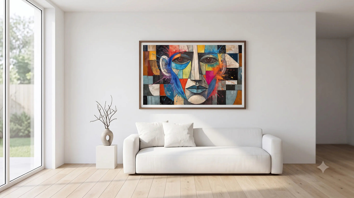 A framed abstract painting of a stylized face in geometric blocks of blue, red, yellow, black, and white, displayed on a white wall above a modern white sofa in a bright, minimalist living room.