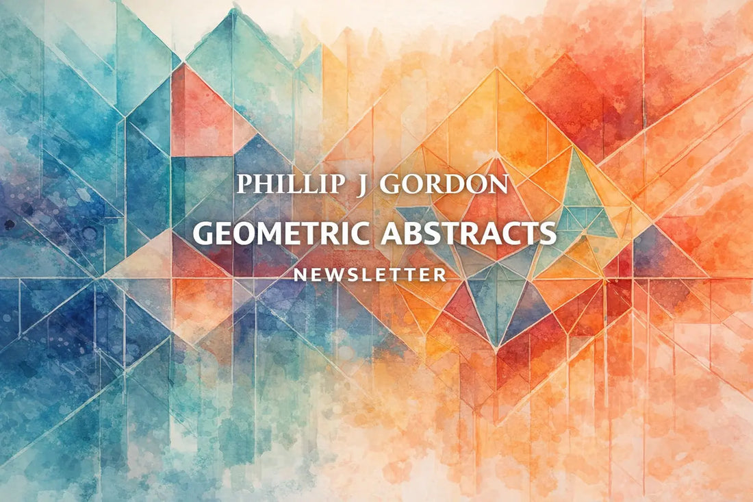   Abstract geometric watercolor artwork featuring overlapping triangles and polygons in vibrant blue, teal, orange, and red tones.