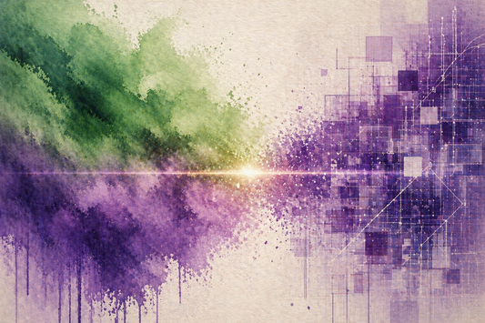 Green and purple watercolor textures with a grid of translucent purple squares and a bright central light.