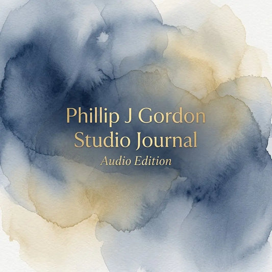    Soft navy, grey, and beige watercolour washes blend across an abstract background, with elegant gold serif text reading.
