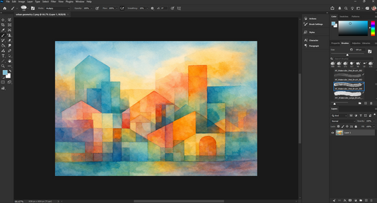 Photoshop workspace showing Urban Geometry 2 digital art print in progress — geometric watercolour cityscape with warm orange and teal tones by Phillip J Gordon