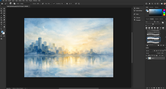 Photoshop workspace showing Urban Geometry digital art print in progress — soft blue watercolour city skyline with crescent moon reflection by Phillip J Gordon