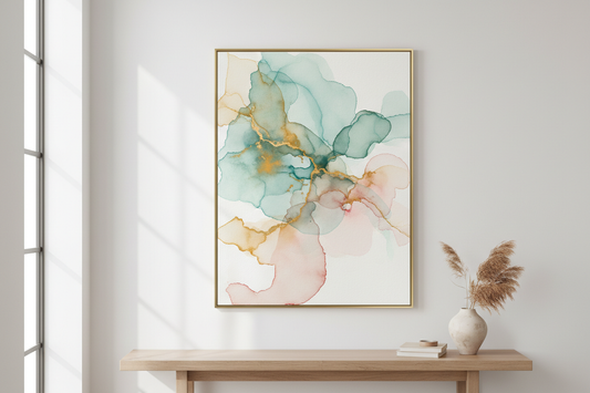 Abstract watercolour art print — fluid teal, gold and blush pink washes on white background 🖤