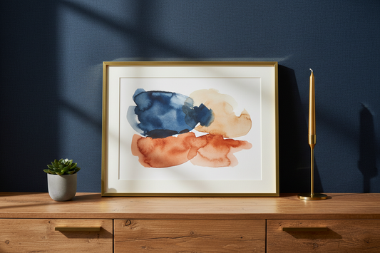 Abstract watercolour art print in navy and burnt orange — digital download