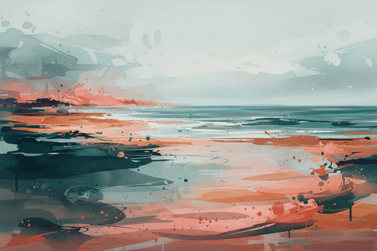 Abstract seascape digital art print — deep teal, coral and burnt sand with gestural watercolour brushstrokes by Phillip J Gordon