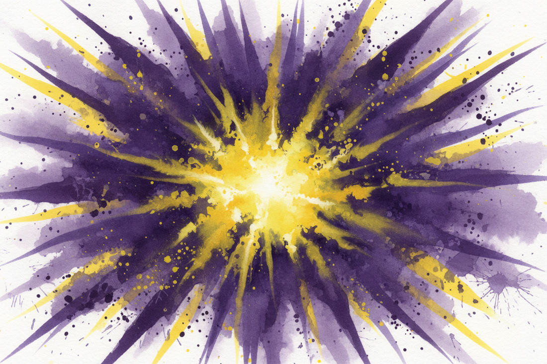 Bold watercolour art digital print by Phillip J Gordon — deep violet and electric yellow abstract burst, instant download.
