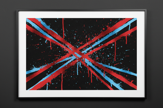 Bold watercolour prints — crimson and ice blue abstract diagonal composition by Phillip J Gordon, instant download.