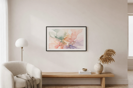 Abstract watercolour art print in soft pastel tones displayed in Scandinavian interior with timber frame