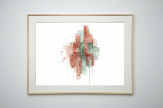 Abstract architectural watercolour art print featuring arched doorways and layered facades dissolving into terracotta, dusty rose and sage green washes.