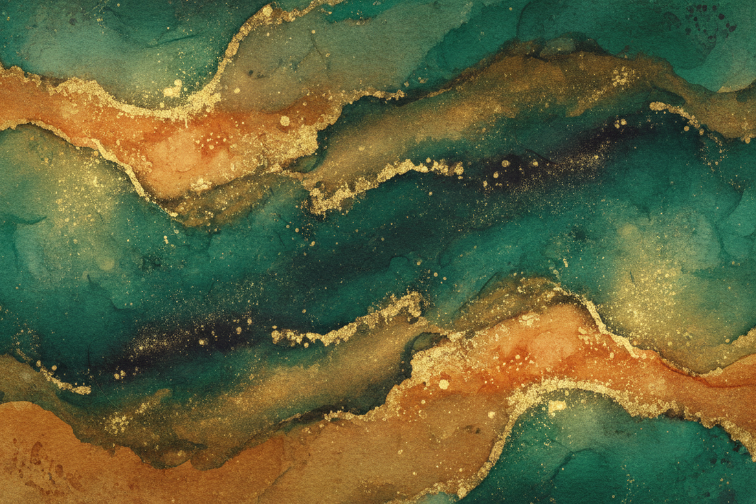 Layered abstract watercolour art print with rich emerald green, burnt amber and warm gold flowing organically across the canvas with fine grain speckle and luminous gold dust accents, by Phillip J Gordon. Instant digital download printable wall art.