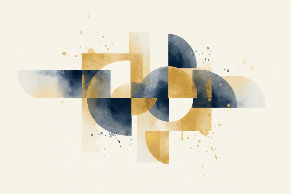 Abstract geometric watercolour digital art print in navy and gold tones by Phillip J Gordon