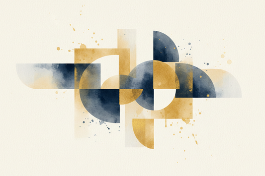 Abstract geometric watercolour digital art print in navy and gold tones by Phillip J Gordon