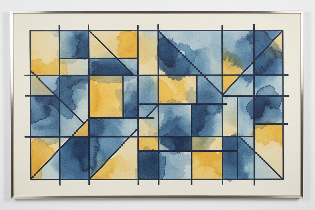 Abstract geometric digital art print with navy and gold watercolour washes.