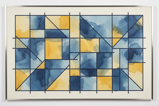 Abstract geometric digital art print with navy and gold watercolour washes.