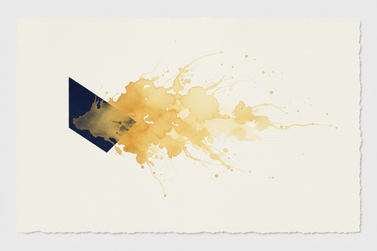 Abstract watercolour art print with visual tension between navy geometric forms and gold watercolour washes by Phillip J Gordon