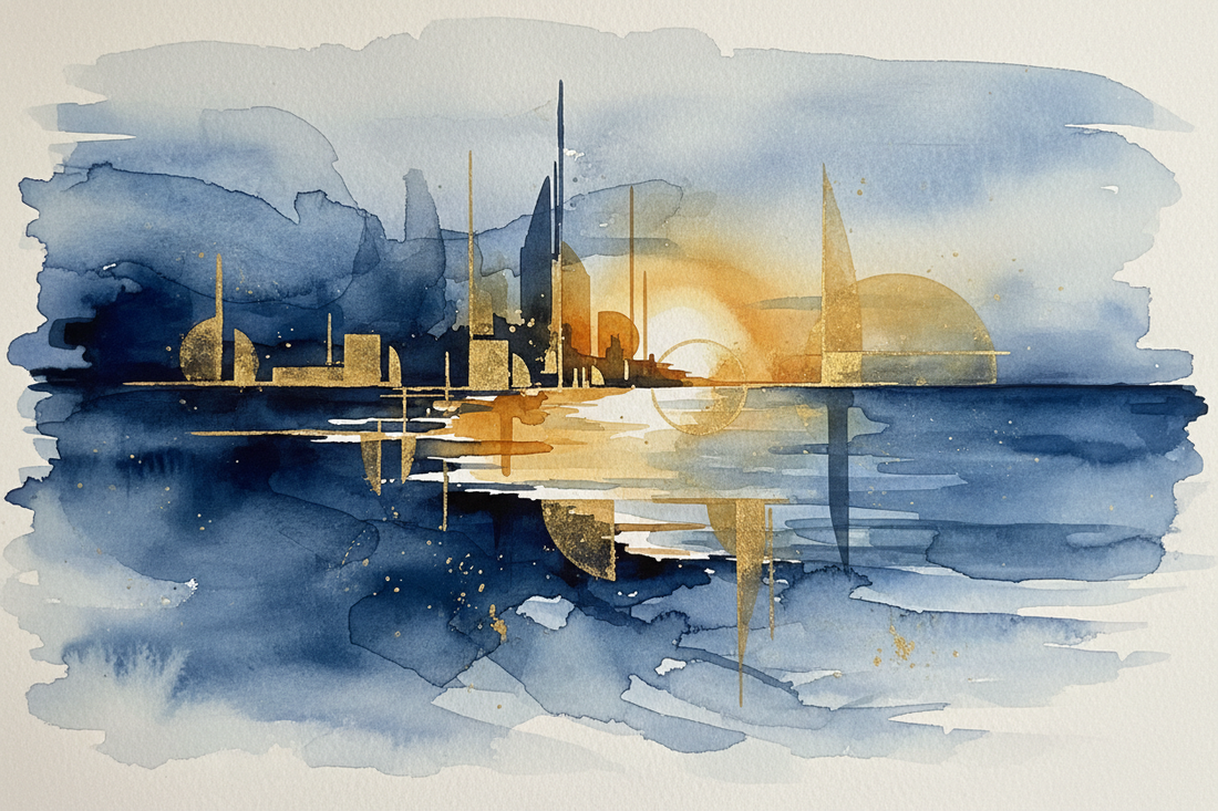 Abstract navy and gold watercolour art print with layered geometric washes by Phillip J Gordon.
