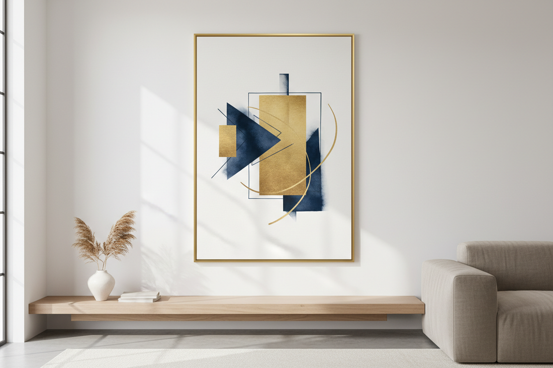 Framed contemporary abstract art print with tension and unresolved edges displayed in a premium interior by Phillip J Gordon