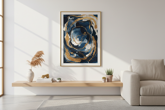 Framed navy and gold abstract art print displayed in a minimal premium interior by Phillip J Gordon.