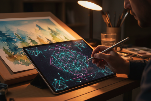 Artist constructing a geometric grid framework on a digital tablet for a watercolour art print.