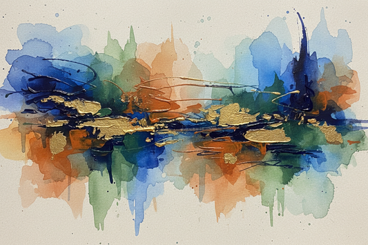 Premium abstract oil and watercolour digital art print — indigo, burnt sienna and forest green gestural brushstrokes by Phillip J Gordon
