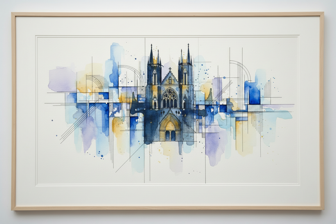 Deep navy, midnight blue and warm gold — a grand cathedral facade and geometric grid dissolving into atmospheric washes with pooling pigment.