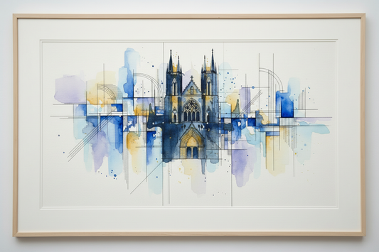 Deep navy, midnight blue and warm gold — a grand cathedral facade and geometric grid dissolving into atmospheric washes with pooling pigment.