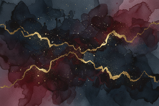 Layered abstract watercolour art print with deep midnight navy, rich burgundy and charcoal black with dramatic gold leaf accents and fine metallic speckle, by Phillip J Gordon. Instant digital download printable wall art.