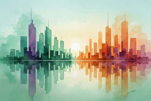 Emerald green & burnt orange — bold angular forms melting into dramatic watercolour blooms.
