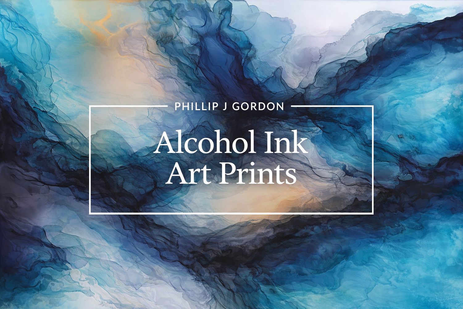    Fluid alcohol ink composition featuring deep blues, teal washes, and soft neutral tones merging in luminous, drifting forms.