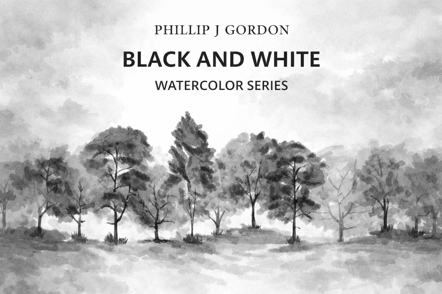 Monochrome watercolor forest scene with silhouetted trees, drifting greys, and atmospheric depth.