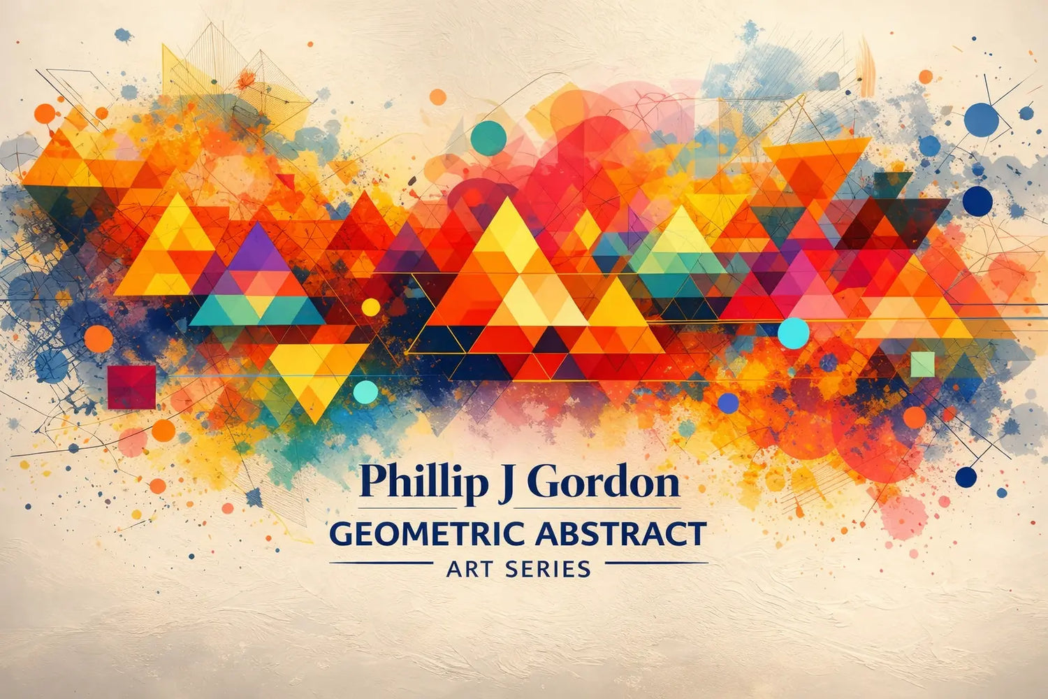 Centered text with vibrant overlapping triangles and colorful paint splashes.