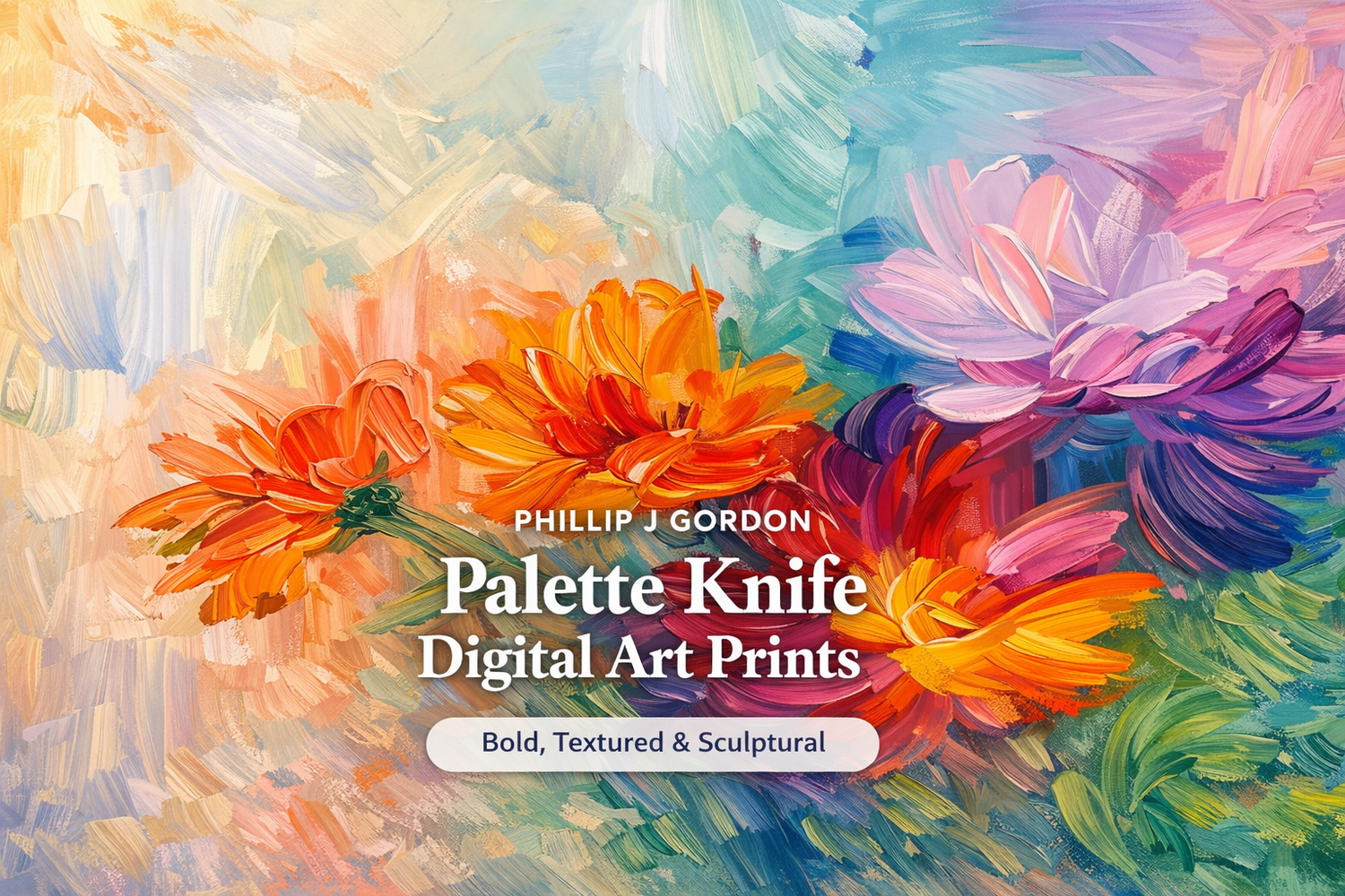 Phillip J Gordon Botanical Ballet — vibrant abstract floral digital art print with bold orange, pink, purple and blue brushstrokes