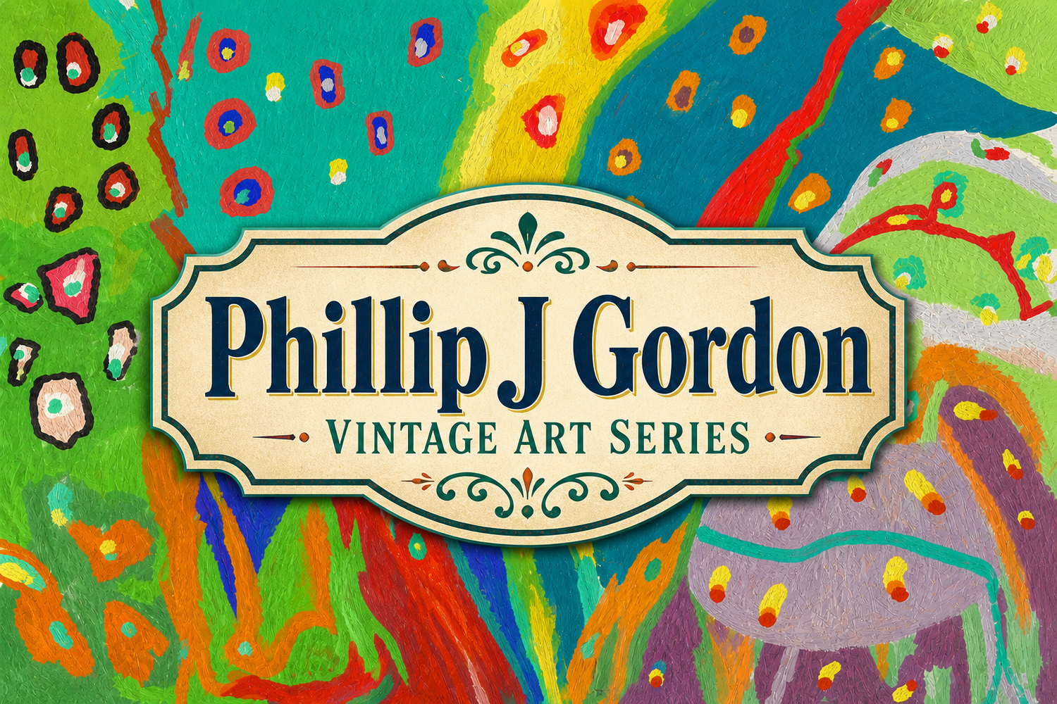 Abstract landscape cover with colorful brushstrokes and a central vintage plaque.