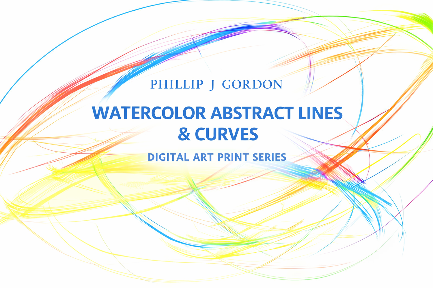 Vibrant watercolor composition of intersecting lines and soft curves in blue, red, yellow, and green tones.