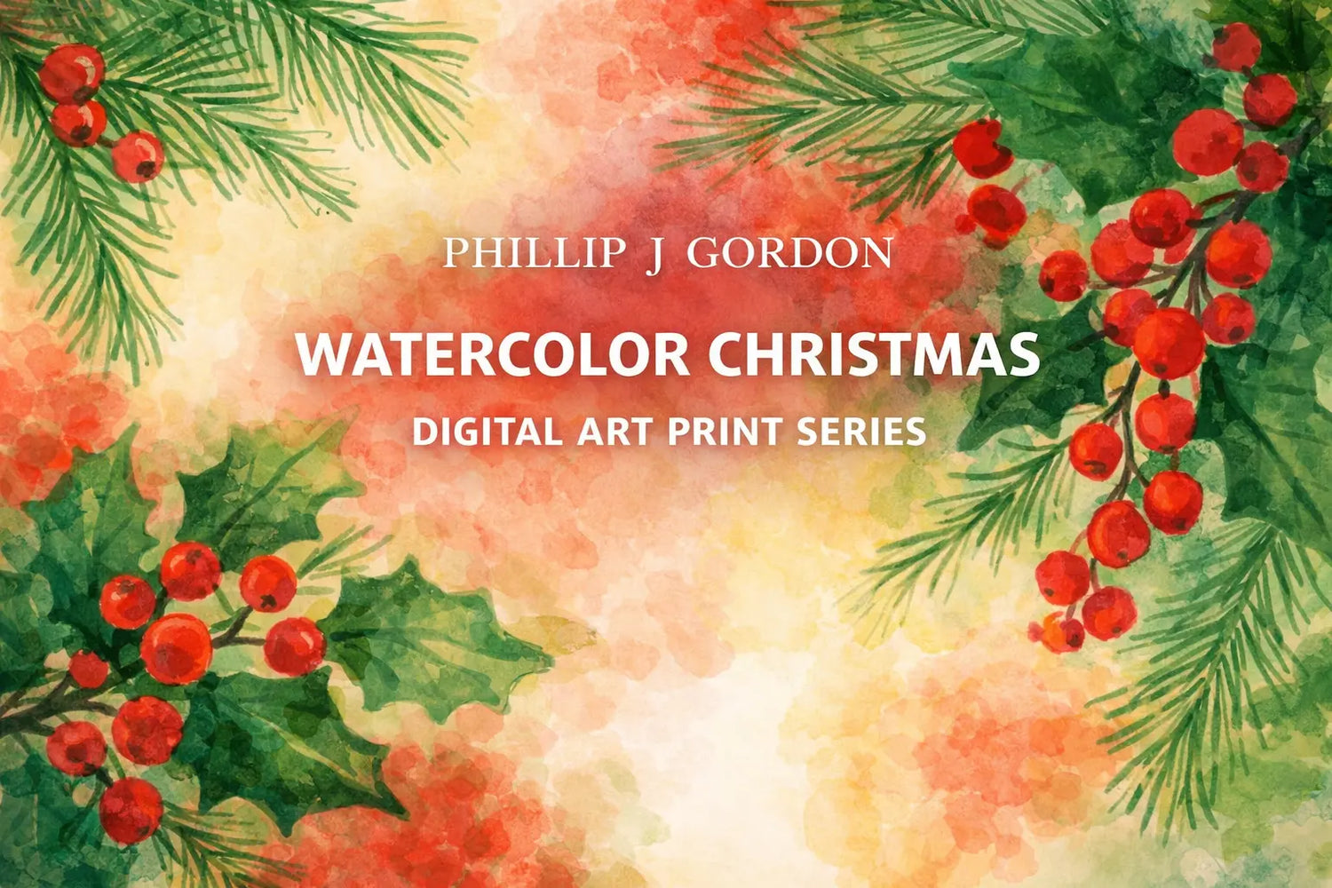 Holiday watercolor artwork featuring green holly, red berries, and soft warm background tones.